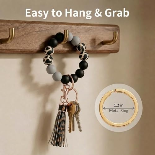 BIHRTC Key Ring Bracelet Car Keychain Holder Wristlet Silicone Women Beaded Bangle Chains - color: Black Leopard