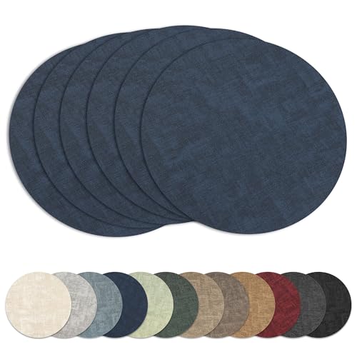 13" Round Placemats Set of 6, Reversible Faux Leather Wipeable Table Mats - color: Navy Blue