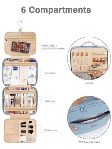 COOSKY Women's Hanging Toiletry Bag, Waterproof Travel Cosmetic Organizer with Jewelry Storage, Large Capacity Makeup Case for Full-Size Skincare & Bathroom Essentials, Portable Cosmetic kit, Blue - color: Blue