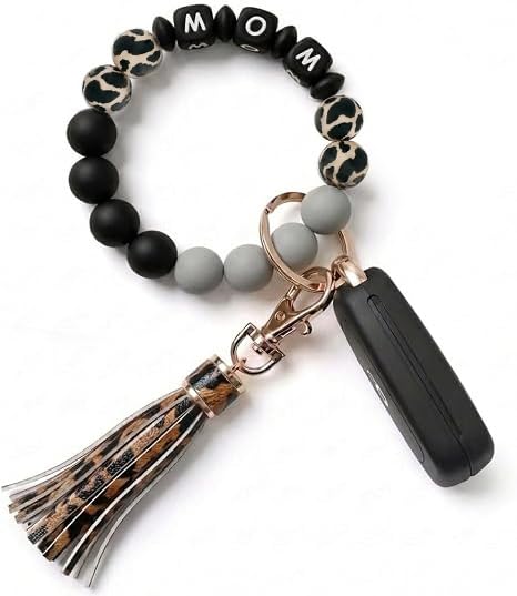 BIHRTC Key Ring Bracelet Car Keychain Holder Wristlet Silicone Women Beaded Bangle Chains - color: Mom Black Leopard