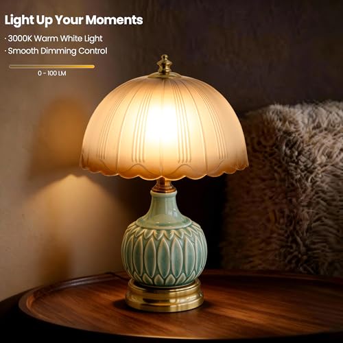 Vintage Green Ceramic Small Table Lamp with Amber Glass Shade - color: Amber
