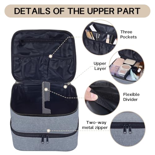 Double Layer Makeup Bag with Adjustable Dividers,Gray - color: Grey