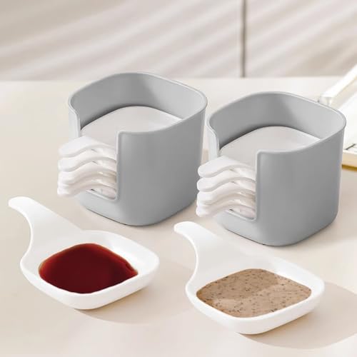 6Pcs Plastic Dipping Dish with Storage Box Mini Home Kitchen Seasoning Sauce Dishes Bowls Plate Dish Serving Tray for Sampling and Dipping Restaurant Home Party Use, White+Grey
