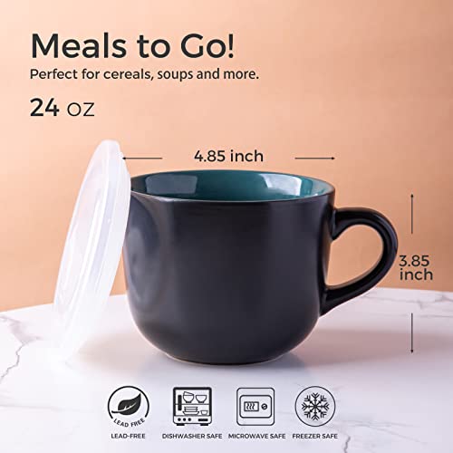 GBhome Ceramic Soup Mugs with Lid, 24 oz Soup Cups with Hanlde for Coffee,Cereal,Salad,Noodles,Tea,Soup Bowls Cups,Microwave &Dishwasher Safe, Set of 4, Green with Vented lid - color: Green