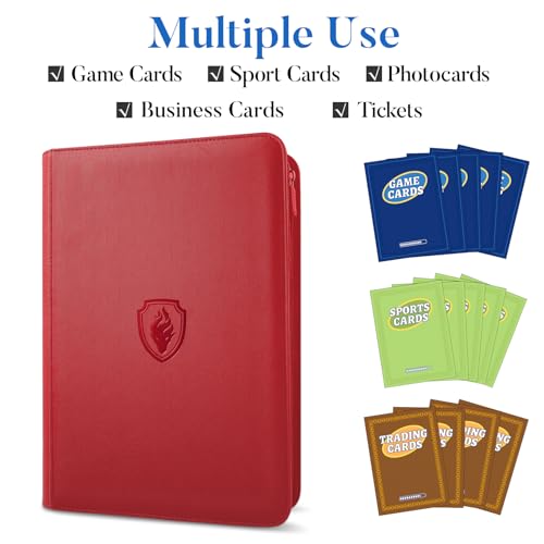 Premium Zip Card Binder, Fabmaker 9 Pocket Trading Card Binder PU Cover - color: Red, size: 9 Pocket - 13.9" x 10.5"