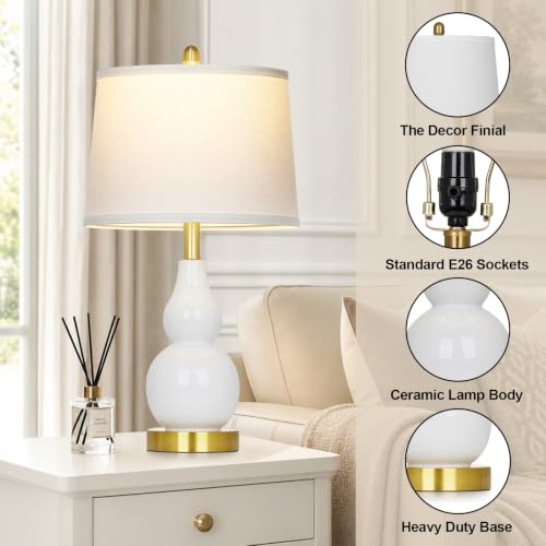 Rinweey 25" White Double Gourd Ceramic Lamps Set of 2, Modern Bedside Lamps - color: White - 25"H