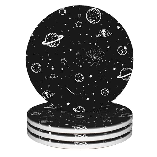 Drink Coasters Set of 4, Black and White Stars Planets and Aliens Coasters for Drinks Ceramic Coasters with Cork Bottom for Kinds of Mugs and Cups,Home Decor,4'' - color: Black and White Stars Planets and Aliens