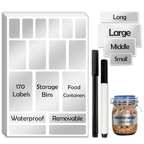 JIEHENG 170Pcs Silver Removable Labels for Jars with 2 Liquid Chalk Marker - color: Bright Silver