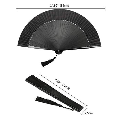 Japanese Vintage Bamboo Folding Handheld Fan for Women | Elegant Silk Hand Fan with Fabric Sleeve & Tassel | Portable Cooling Tool for Wedding, Church, Dance, Gift (Solid Black) - color: Solid Black