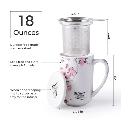 AmorArc Tea Cup With Infuser and Lid, 18oz Loose Leaf Tea Mug With Steeper - color: Peach Blossom