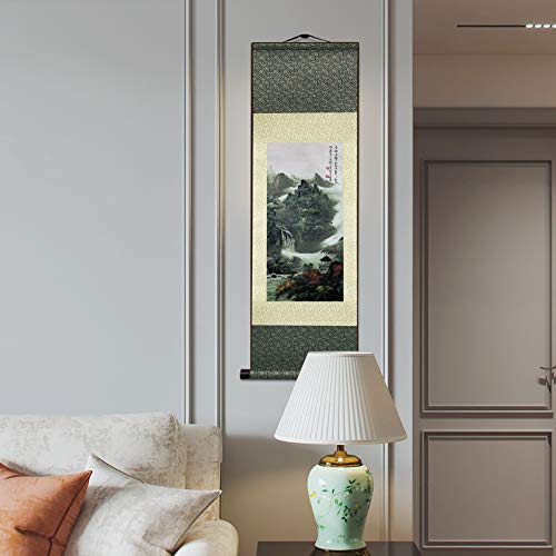 AtfArt Silk Scroll Painting, Asian Wall Art, Waterfall Landscape, 36.2x12in - color: A1