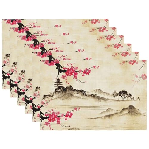 Japanese Cherry Blossom Placemats Washable Table Placemat Set of 6 - color: Pink Beige, size: Set of 6