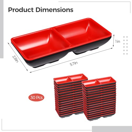 30 Pack Black & Red Divided Serving Dishes - Dual Compartment Melamine Appetizer Plates for Sushi, Condiments & Party Snacks, Restaurant-Grade Dip Bowls Set