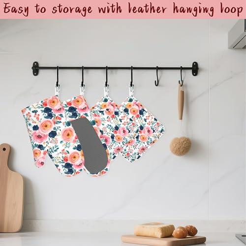 Pink Flowers Heat-Resistant Silicone Oven Mitts and Pot Holders,Long Oven Gloves with Non-Slip Grip for Cooking, Baking, Grilling,BBQ - color: Pink Flowers