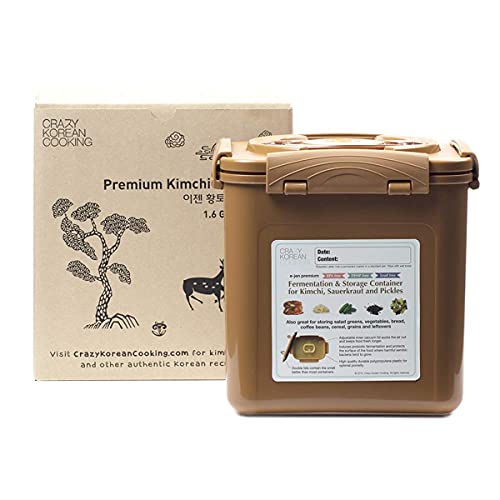 Crazy Korean Cooking Premium Kimchi, Sauerkraut Fermentation and Storage Container with Inner Vacuum Lid (1.6 Gal Sandy Brown (6.4L)) - size: 1.6 Gal (6.4l)