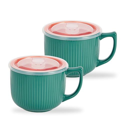 Ceramic Soup Bowl with Handle & Lid, 32oz Microwave Ramen Bowl Set of 2 - color: Green/Orange 2 pcs-32, size: 32 OZ