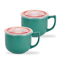 Ceramic Soup Bowl with Handle & Lid, 32oz Microwave Ramen Bowl Set of 2 - color: Green/Orange 2 pcs-32, size: 32 OZ