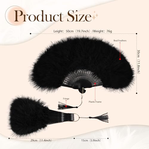 whitefeather Vintage Feather Hand Fan, 17.7 x 11.8 inches, Marabou Feathers, 1920s Style for Costume Parties, Tea Parties - color: Black