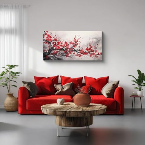 NAN Wind Asian Wall Art Traditional Chinese Decor Oriental Red Cherry Plum Blossom Canvas Pictures for Wall Decor for Living Room Landscape Artwork Framed Ready to Hang - color: Red-One Piece-1, size: 32"L x 16"W