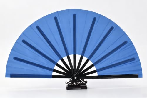 2 Pack Large Folding Hand Fans, Blue Kung Fu Tai Chi Fan, Nylon-Cloth Fan for Men and Women's Performance, Dance, Festival and Gift (Pack of 2 plus Bag) - color: blue+blue