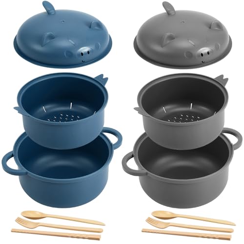 2 Sets 45oz Cute Pig Ramen Bowl Set Microwavable, Dark Blue, Gray - color: Dark Blue,Gray