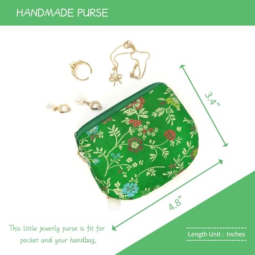 Handmade Women Coin Purse Brocade Zipper Wallet Rosary Pouch Silk Jewelry Bag - Green - color: Green