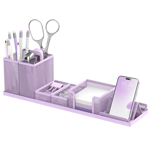 Pen Holder for Desk, 6-Piece Mesh Desk Organizer with Phone Holder, Purple - color: Purple