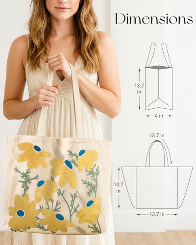 Miss Adola Embroidery Canvas Tote Bag with Pocket & Buckle - color: Daisy