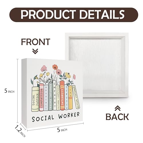 Social Worker Empower Gifts for Women, Floral Bookish Appreciation Gift for Social Work Wood Signs for Home Room Desk Table Shelf, 5x5 Inch - color: Social Worker-Floral Bookish