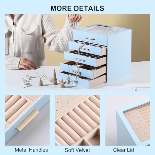 Frebeauty Jewelry Box for Women,Clear Lid Jewelry Organizer with 5 Drawers - color: Sky Blue, size: 5 Drawer