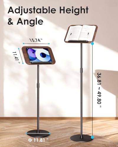 Viozon Floor Book Stand, Height Adjustable Reading Stand, Multi-Purpose Book Holder/Laptop Stand/Music Sheet Stand, 180° Tilt Desktop, Heavy-Duty Base, Two-Stage Page Clips for Thick Books