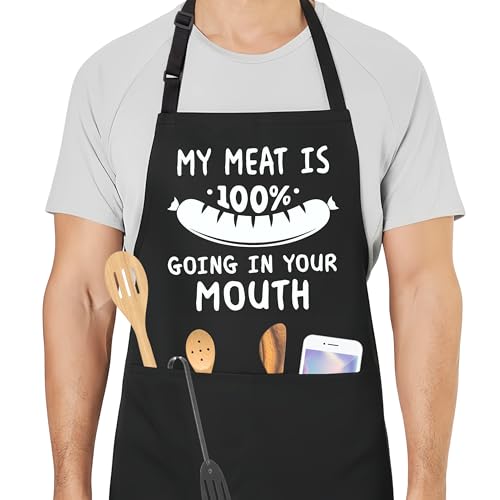 Funny Aprons for Men with 2 Pockets, Cooking Apron for Dad, Gag Gifts for Men, Adjustable BBQ Grilling Apron for Husband, Chef Kitchen Gifts for Birthday & Father’s Day - A07 - color: My Meat is 100% Going in Your Mouth
