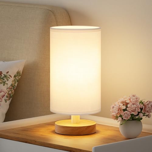 Fenmzee Small Table Lamps (White Shade - Wood Base, 9" Inline Control) - color: White Shade - Wood Base