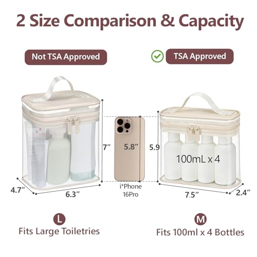 PACKISM Clear Makeup Bag for Travel - TSA Approved Toiletry Bag, 2 Beige - color: Bright Beige, size: Mixed Size Series (1 Medium + 1 Large)