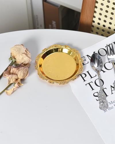 2PCS Coffee Table Tray 5.9in Round Decorative Tray Vintage Metal Dessert Plates for Snacks Fruit Gold - color: Gold, size: 5.9 in