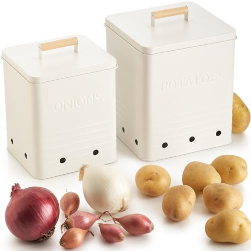 Beautiful Potato and Onion Storage Container Set - Food Safe Metal Bins - color: Cream