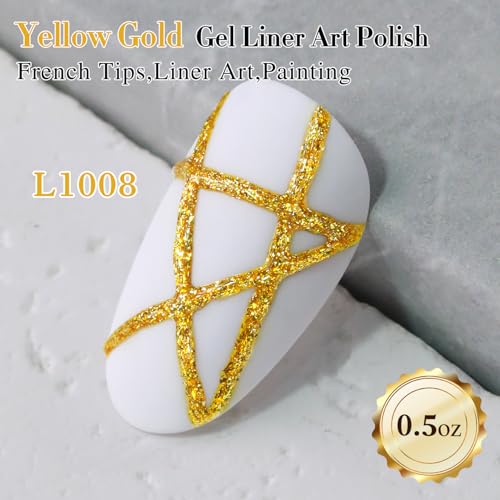Double Rhythm 15 Ml Metallic Gel Liner Nail Art Gel Bronze Mirror Chrome Painted Drawing Stripper 3D Effect Gel Polish (Glitter Yellow Gold-L1008) - color: Yellow Gold