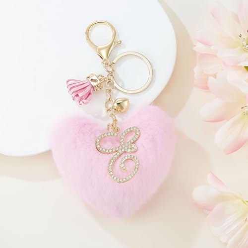 Initial Letter Heart Pom Pom Keychain for Women Pink Soft Fluffy Ball Key Ring for Purse Backpack Handbag - color: E