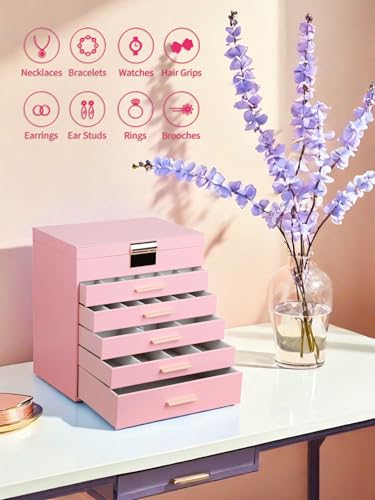 BOOVO Jewelry Boxes for Women, White and Black 6 Layer Large Jewelry Box for Necklace, Bracelet, Earrings, Rings Storage, Jewelry holder Organizer for Girls Gift (Pink, 6 layer) - color: Pink, size: 6 layer
