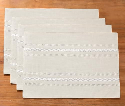Wracra Cotton Linen Place Mats, Ivory Embroidered Placemats Set of 4 - color: Hemstitched Ivory, size: Placemats(Set of 4)
