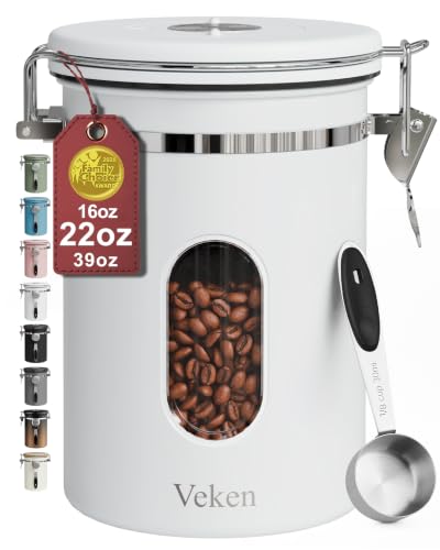 Veken Coffee Canister with Window, Airtight Stainless Steel Container, 22OZ - color: Jet White, size: 22 oz