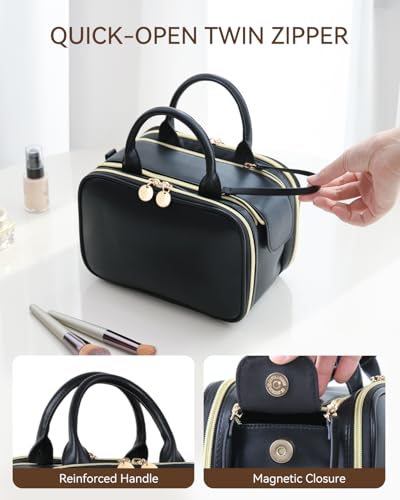 Prite Large Makeup Bag, Waterproof Travel Cosmetic Case with Brush Holder - color: Black, size: Large