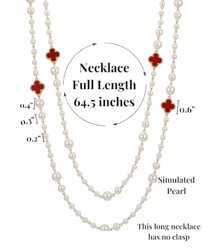 Long Pearl Necklace for Women Layered Lucky Clover Jewelry Gift - color: Red Clover