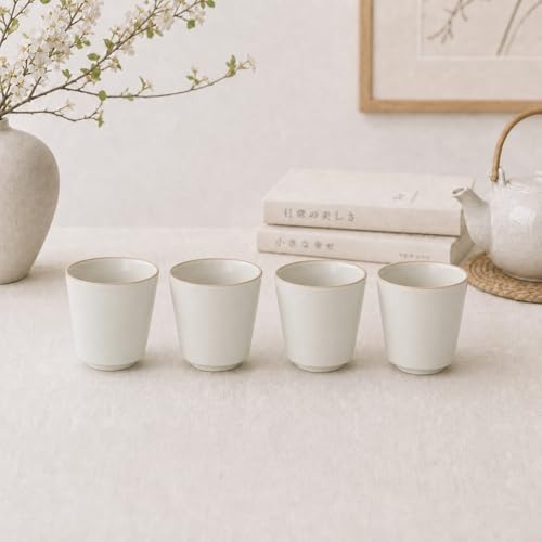 Floral small Japanese style tea cups set of 4, Handleless Demitasse Mugs for Double Shot espresso, Cortado,lungos & matcha, Little,Microwave and Dishwasher safe, (Biege) - color: Biege
