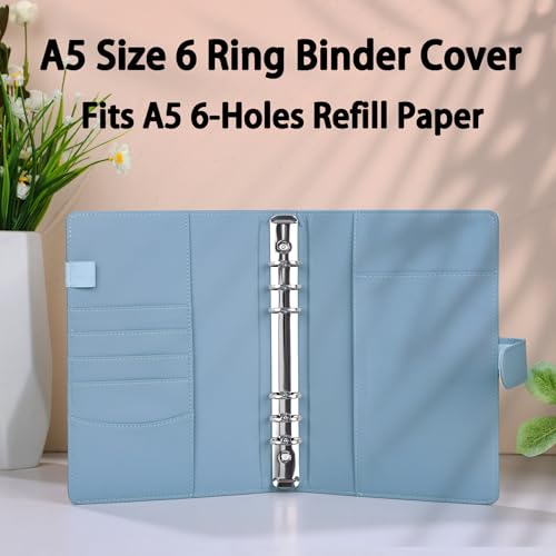 Antner A5 Notebook Binder 6 Ring Refillable Budget Planner Cover for Cash Organizer, PU Leather Loose Leaf Kpop Photocard Holder Small Binder for A5 Planner Inserts with Magnetic Buckle, Airy Blue - color: Airy Blue