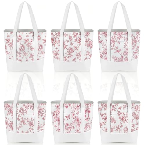 6 Pcs Mini Floral Bow Tote Bags for Women White Canvas Tote Bag Bulk Reusable Coquette Bags for Wedding Party Favor - color: Pink Floral