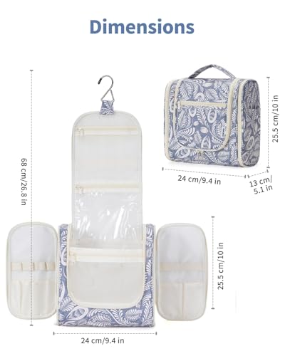 Narwey Large Hanging Travel Toiletry Bag for Women, Makeup Cosmetic Bag - color: B-Blue Leaf, size: Large
