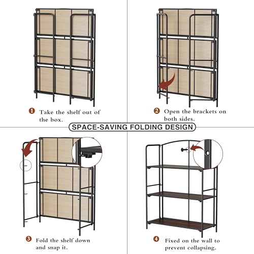 Crofy 3-Tier Wider Foldable Bookshelf, Black Frame & Walnut Shelves - color: Black Frame & Walnut Shelf, size: 3 Tier Wider
