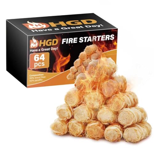 HGD Natural Fire Starters (64 Pcs) - Waterproof & Odorless Charcoal Starters for Fireplace, Campfire, BBQ, Grill, Fire Pit, Wood & Pellet Stove, Chimney, Pizza Oven & Smoker - Indoor & Outdoor Use - size: 64 pieces