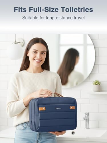 COOSKY Women's Hanging Toiletry Bag, Waterproof Travel Cosmetic Organizer with Jewelry Storage, Large Capacity Makeup Case for Full-Size Skincare & Bathroom Essentials, Portable Cosmetic kit, Navy - color: Navy blue